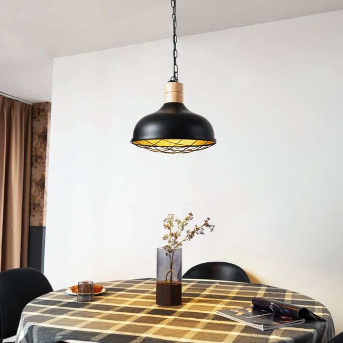 Lindby - hanglamp - 1licht - IJzer, rubberboom - H: 24 cm - E27 - zwart, licht hout