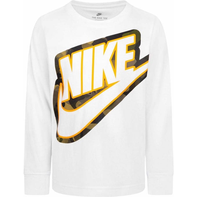 Nike Kinder-T-shirt met lange mouwen en camouflageprint (Wit)