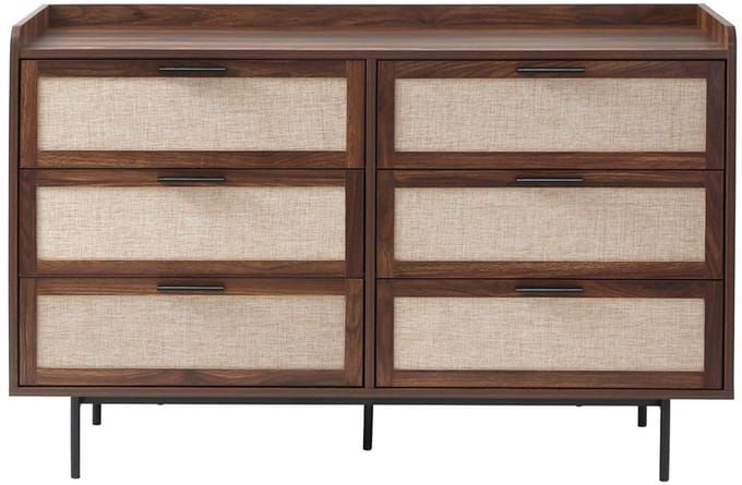 CALICOSY - Commode met notenhouten decor, 6 lades, fronten van echt leer, L120 cm - JETSON