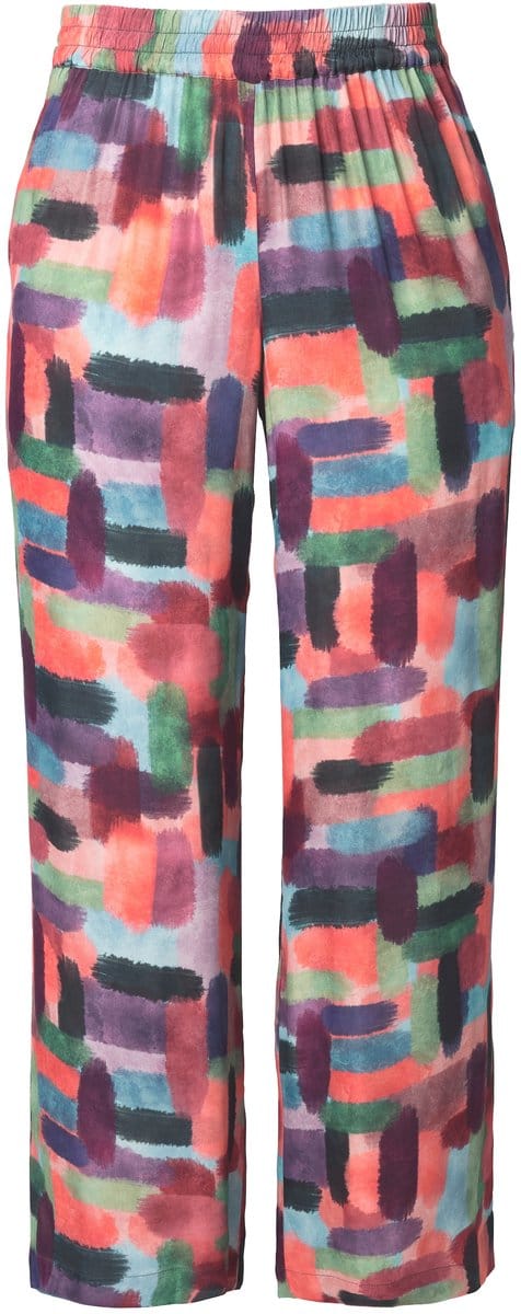 Ulla Popken - Dames - Satijnen broek print wijde pijp elastische tailleband - Zwart - Maat 50+