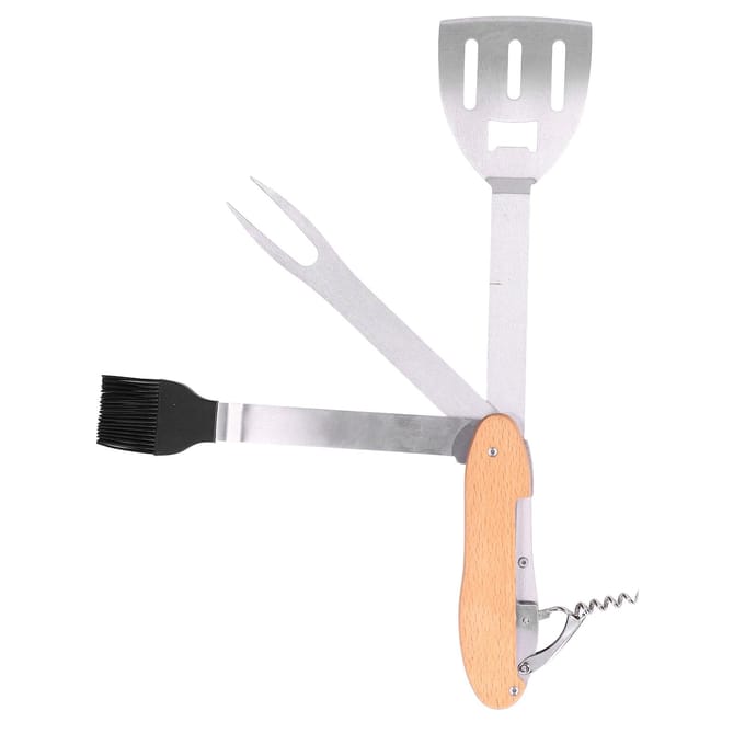 BBQ Gereedschap Set 5 in 1 Multifunctioneel Opvouwbaar Draagbaar Spatel Borstel Vork Flesopener Roestvrij gray