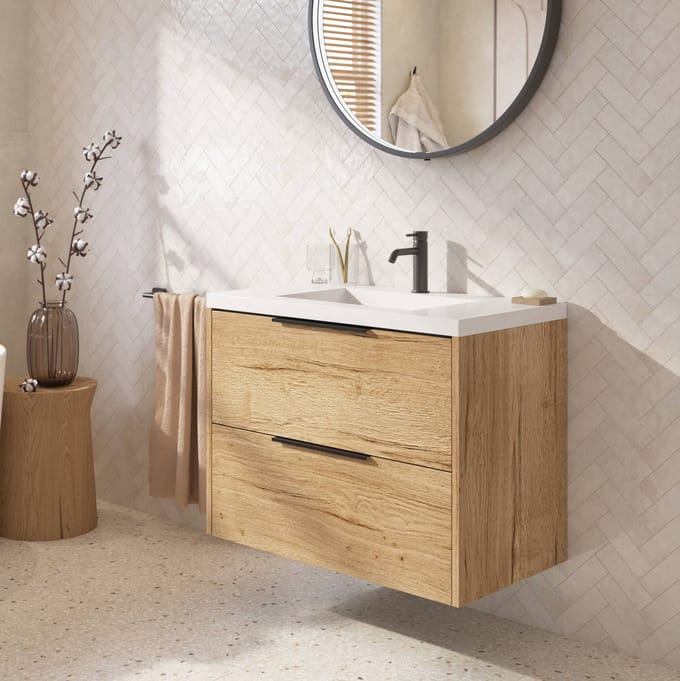 Saqu Lima badmeubel incl. glans witte wastafel 60x51x64cm eiken marcato – mat zwarte greep