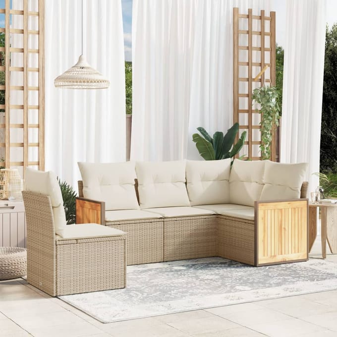 vidaXL - 5-delige - Loungeset - met - kussens - poly - rattan - beige