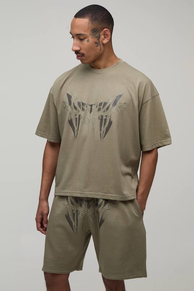 Oversized Boxy T-shirt Met Studs & Relaxed Short Set | Khaki | Size Small