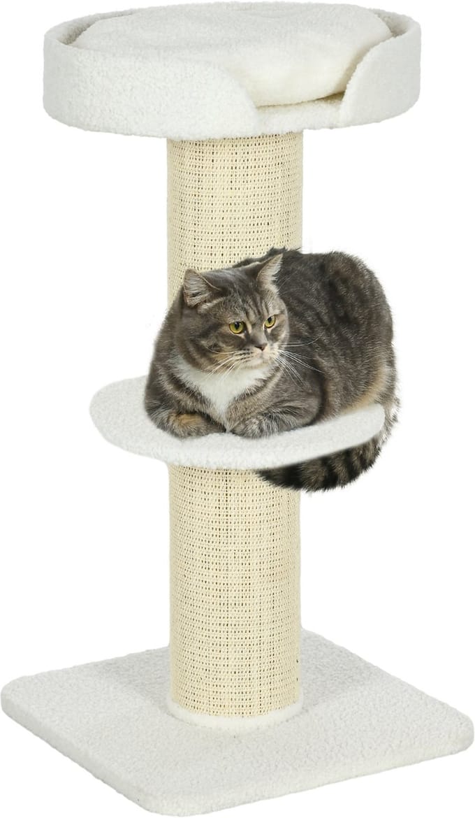 PawHut-Kratzbaum-Spanplatte, Lammwolle-45L x 45B x 91H cm-Cremeweiß