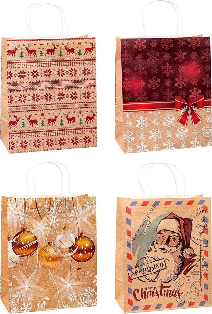 Kerst Kraftpapier Cadeauzakjes - 12 Stuks, Groot formaat