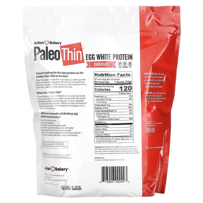 Paleo Thin, Eiwit van Eiwitwit, Chocolade, 990G (2,18 pond)