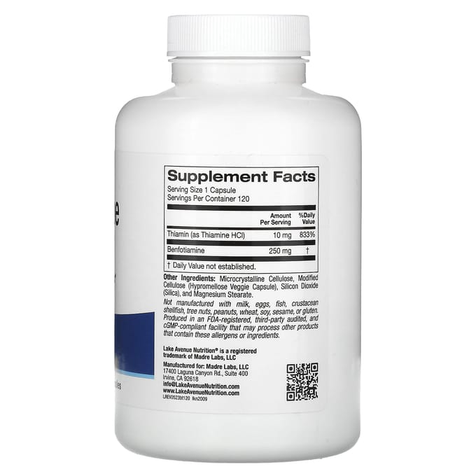 Benfotiamine met Thiamine, 250 mg, 120 Veggie Capsules
