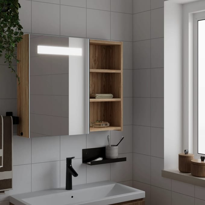vidaXL - Badkamerkast - met - spiegel - en - LED - 60x13x52 - cm - eikenkleurig