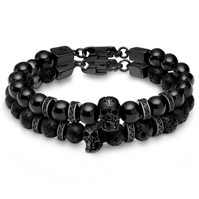 Rico Zwarte Schedelarmbanden van Lavasteen en Onyx