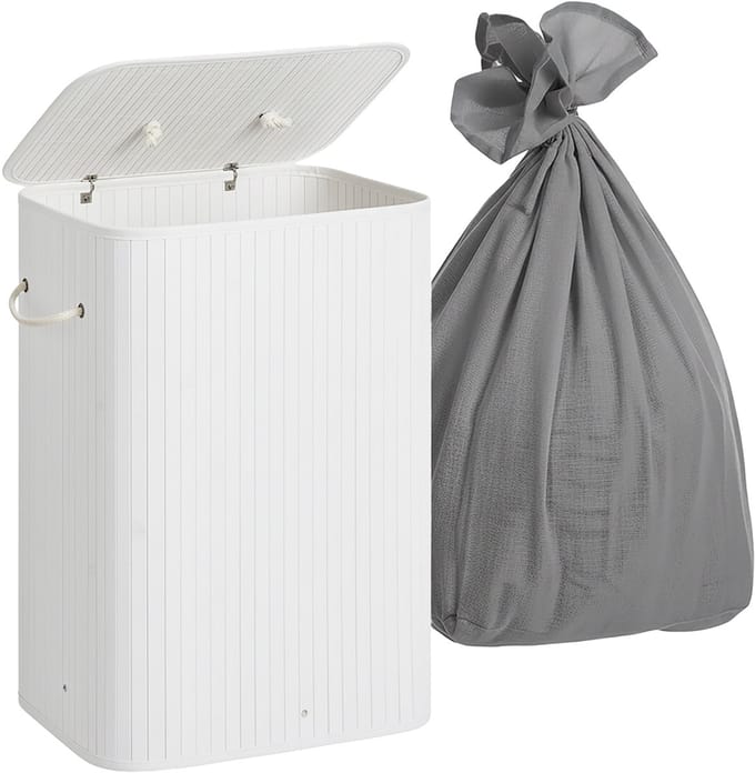 Wasmand 2 vakken - 105 l - bamboe - opvouwbaar - wit