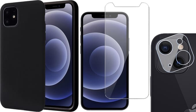 Hoesje geschikt voor iPhone 13 Mini - Fluweelzachte Backcover - Zwart - Met Screenprotector en Camera Screen Protector