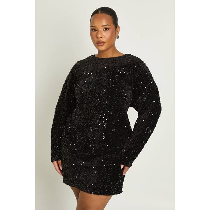 boohoo Dames Plus pailletten batwing-shiftjurk | Black | Maat: 18