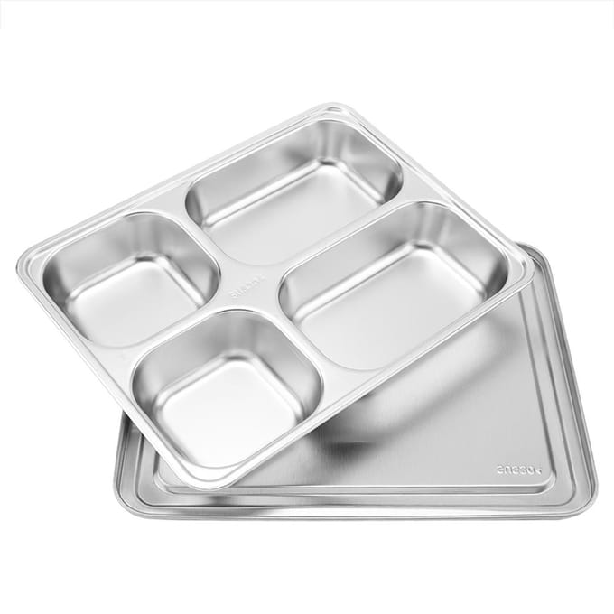 Roestvrijstalen Voedsel Serveerblad Kantine Lunchbox met Deksel(4 Verdeeld) white