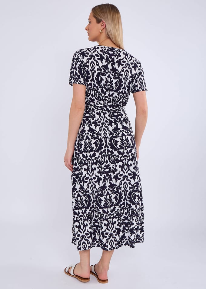 Navy korte mouwen viscose wikkel midi jurk