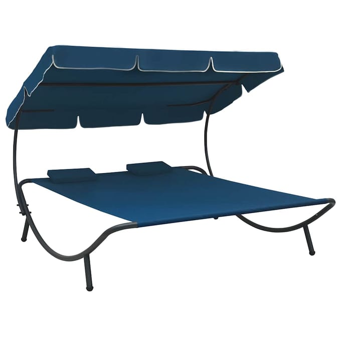 vidaXL - Loungebed - met - luifel - en - kussens - blauw