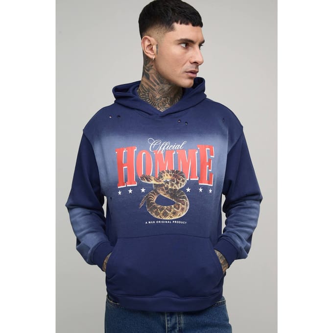 Tall Oversized Boxy Homme Western Spray Wash Distressed Hoodie | Navy | Size Medium