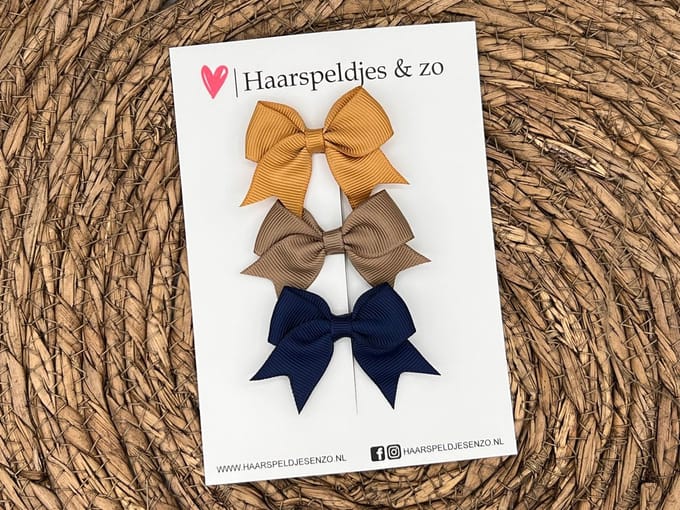 Haarstrik Mila setje 13 - set van drie strikken - lint - alligatorclip - bruin/blauw/okergeel