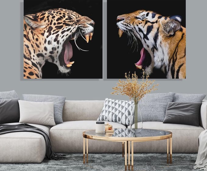 Schilderij Woonkamer - Canvas Schilderij Panter vs Tijger - Set | 60 x 60 cm | PosterGuru