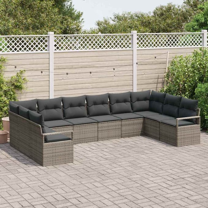 vidaXL Tuinbank Set met kussen met opslag 10 pcs Grijs poly rattan