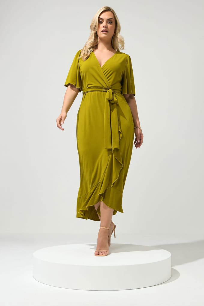 Yours London Chartreuse Groene Maxijurk Met Korte Mouwen En Ruches Size 40