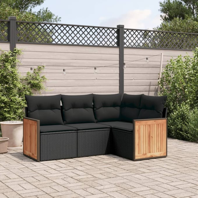 vidaXL - 4-delige - Loungeset - met - kussens - poly - rattan - zwart