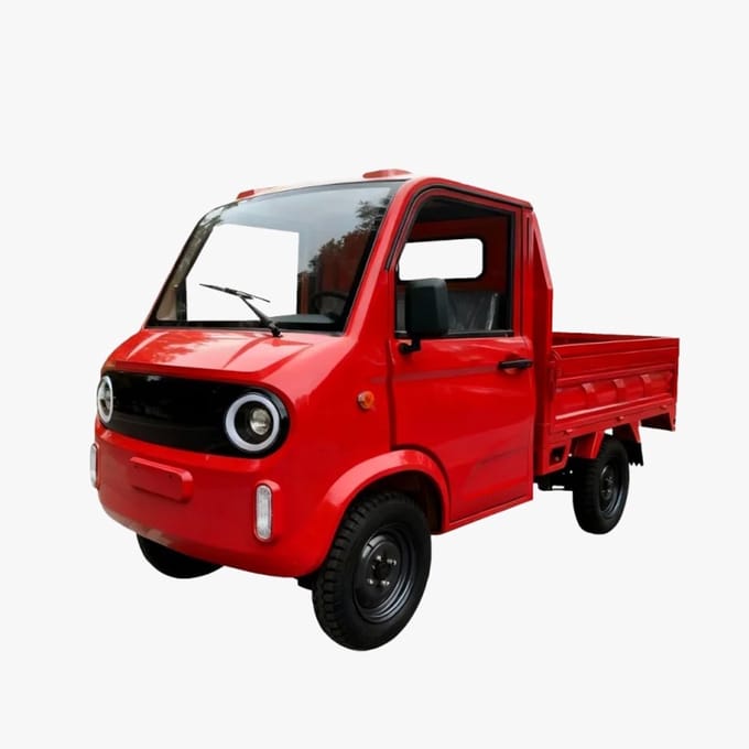 Eco Wielen YB rood – Elektrisch werkvoertuig met cabine en kippende laadbak – 2 zitplaatsen – 72 V – 40 km/u Achteruitrijcamera