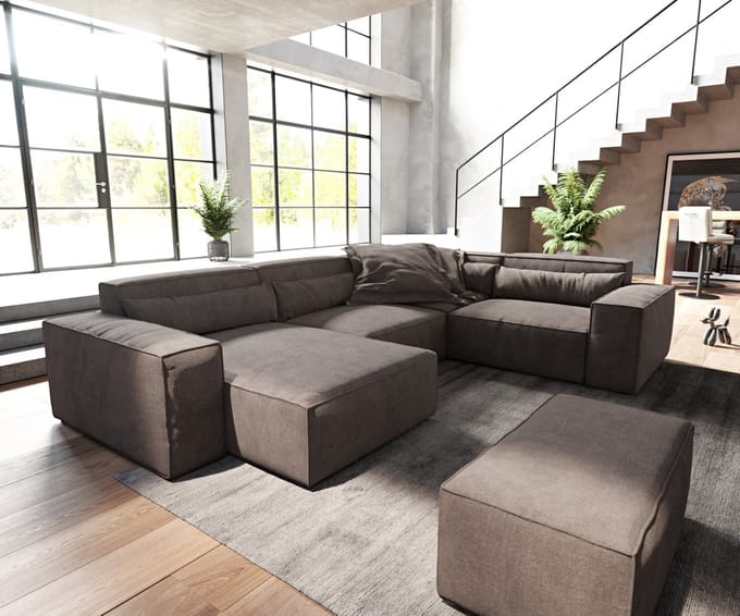 Woonkamerlandschap Sirpio 300x210 cm microvezel Khaki bruin recamiere variabele met kruk