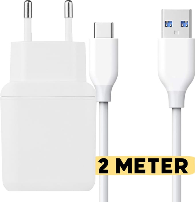 USB Snellader + USB-C kabel 2M met Quick Charge 3.0 - Wit - 3A USB Oplader Oplaadstekker + USBC kabel 2 Meter met Fast Charging voor A54, S24, S20, S21, A25, A05s, A14, A24