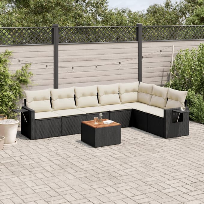 vidaXL - 8-delige - Loungeset - met - kussens - poly - rattan - zwart