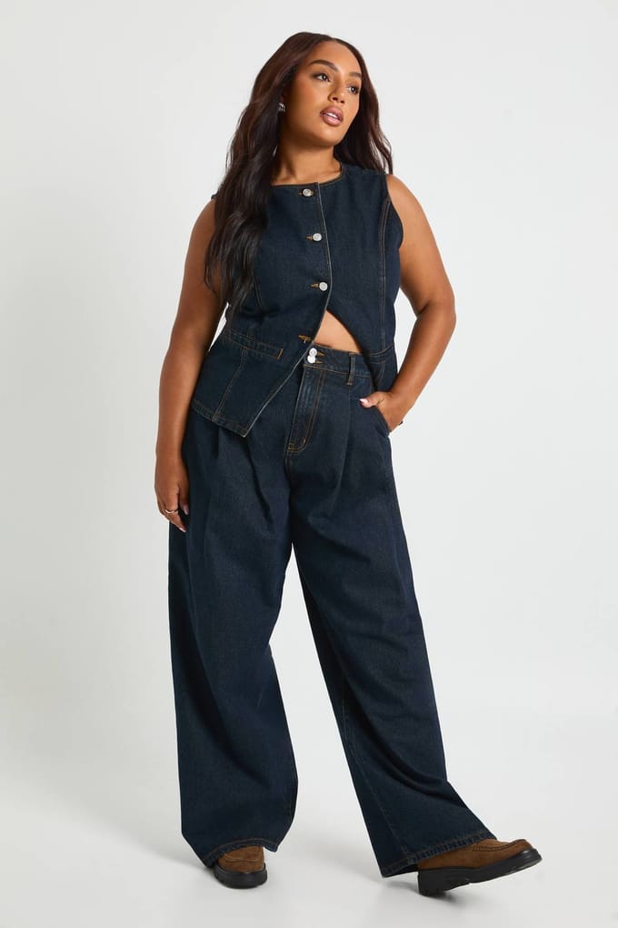 boohoo Dames Plus Hoge Taille Dubbel Geplooide Wijde Pijp Jeans | Indigo | Maat: 44