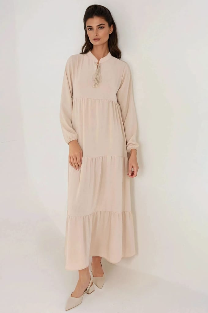 Textuur Ronde Hals Maxi Jurk met Knopen