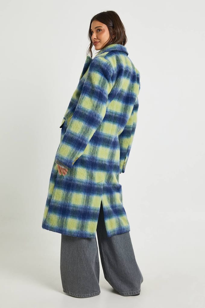 boohoo Dames Check Dubbelgebreide Jas met Wol-look | Blue | Maat: 8