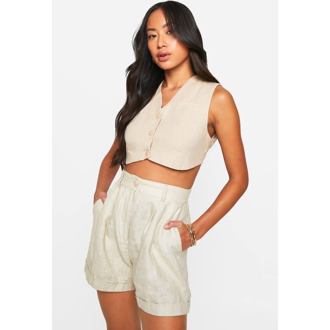boohoo Dames Geweven Super Crop Getailleerd Vest | Light Stone | Maat: Small