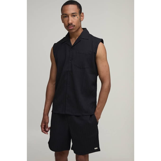 Gestructureerde Geplooide Regular Fit Mouwloze Shirt & Short Set | Black | Size Medium