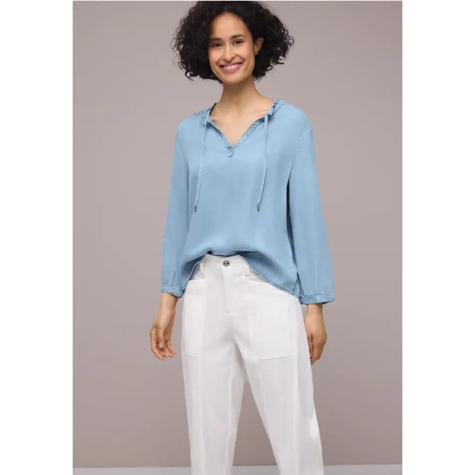 Blouse met 3/4 mouwen en gespleten hals in denimlook