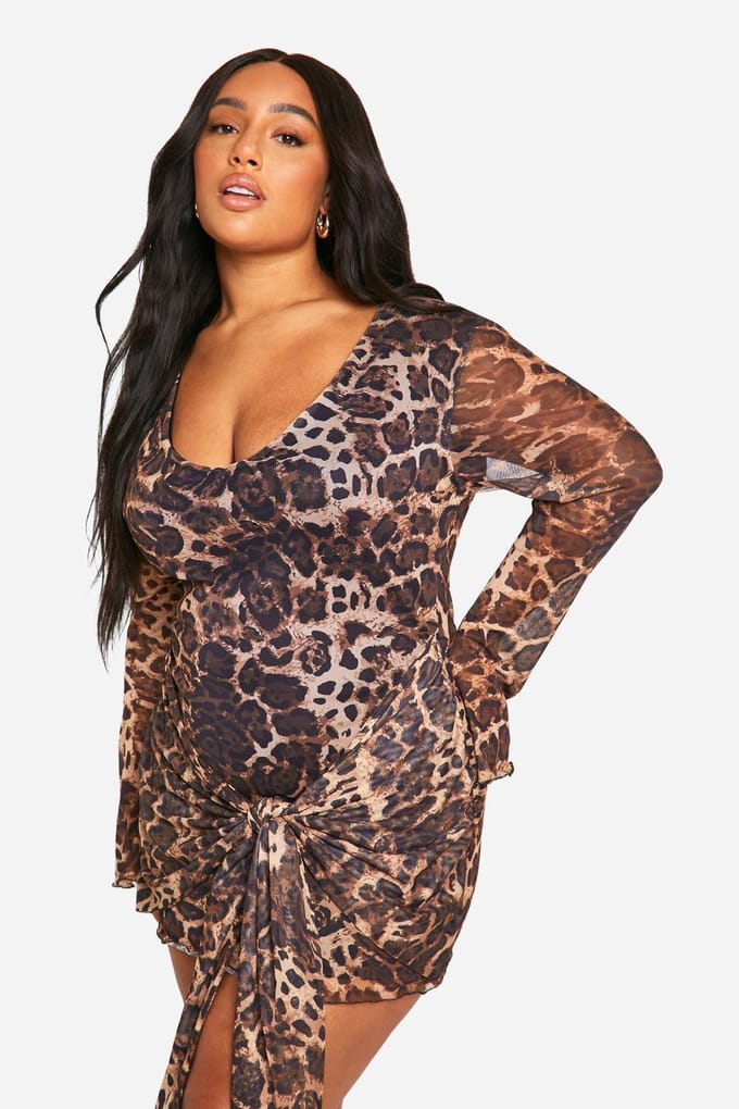 boohoo Dames Plus Luipaard Mesh Tie Mini Jurk | Luipaardprint | Maat: 56