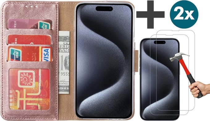 Hoesje met 2 Stuks Screenprotectors Geschikt voor iPhone 15 Pro Max – Arara bookcase met pasjeshouder - Rosegoud