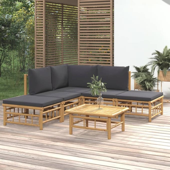 vidaXL - 6-delige - Loungeset - met - kussens - bamboe - donkergrijs