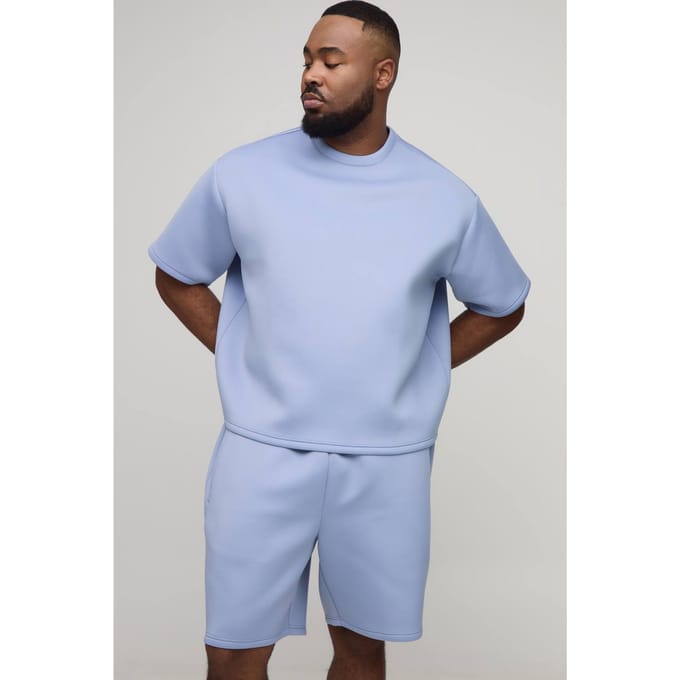 Plus Oversized Boxy Bonded Scuba T-Shirt & Relaxed Short Set | Dusty Blue | Size 5XL