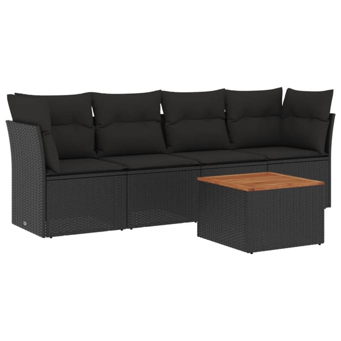 vidaXL - 5-delige - Loungeset - met - kussens - poly - rattan - zwart