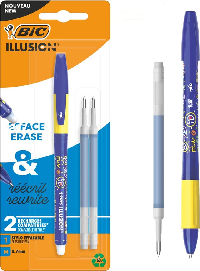 BIC Illusion Uitwisbare Balpen - Blauwe pen met 2 Navullingen - Medium Punt 0,7 mm - 1 Stuk