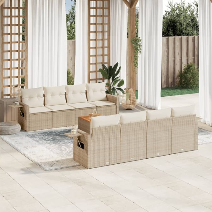 vidaXL - 9-delige - Loungeset - met - kussens - poly - rattan - beige