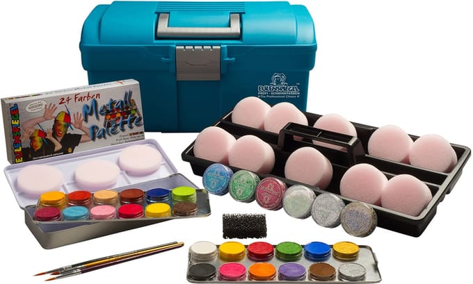 Eulenspiegel Schmink starterset - 24 kleuren, 3 glitters, sponsen en penselen