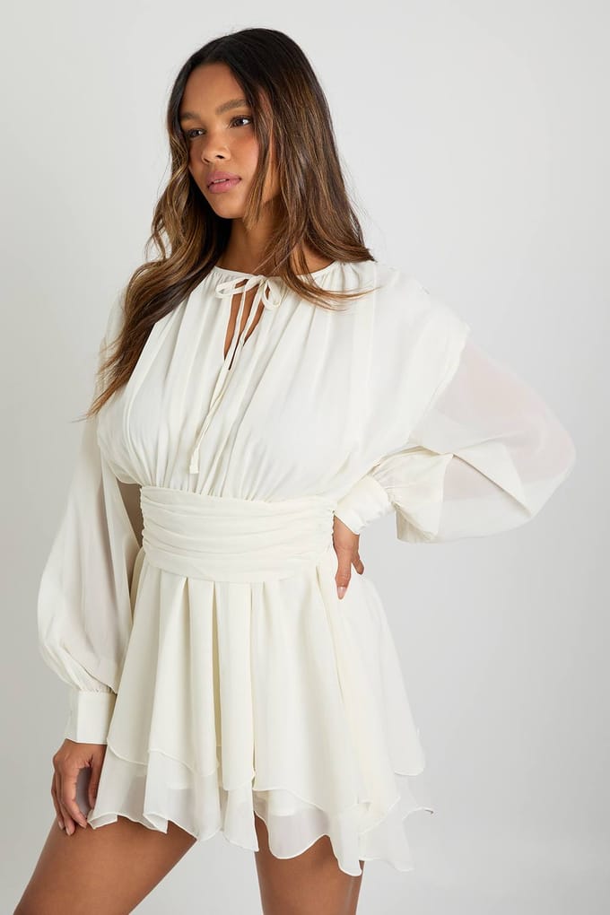 boohoo Dames Chiffon lange mouw skaterjurk | Creme | Maat: 44