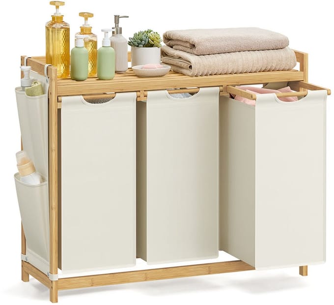 Wasmand – 3 Vakken – 3 x 50 L – 94 x 33 x 78 cm – Crèmewit – Grote Opberger