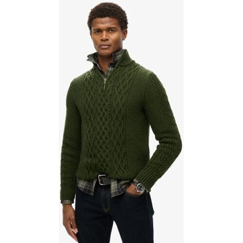 Superdry Gebreide Jacob Kabeltrui met Halve Rits Groen Grootte: XL
