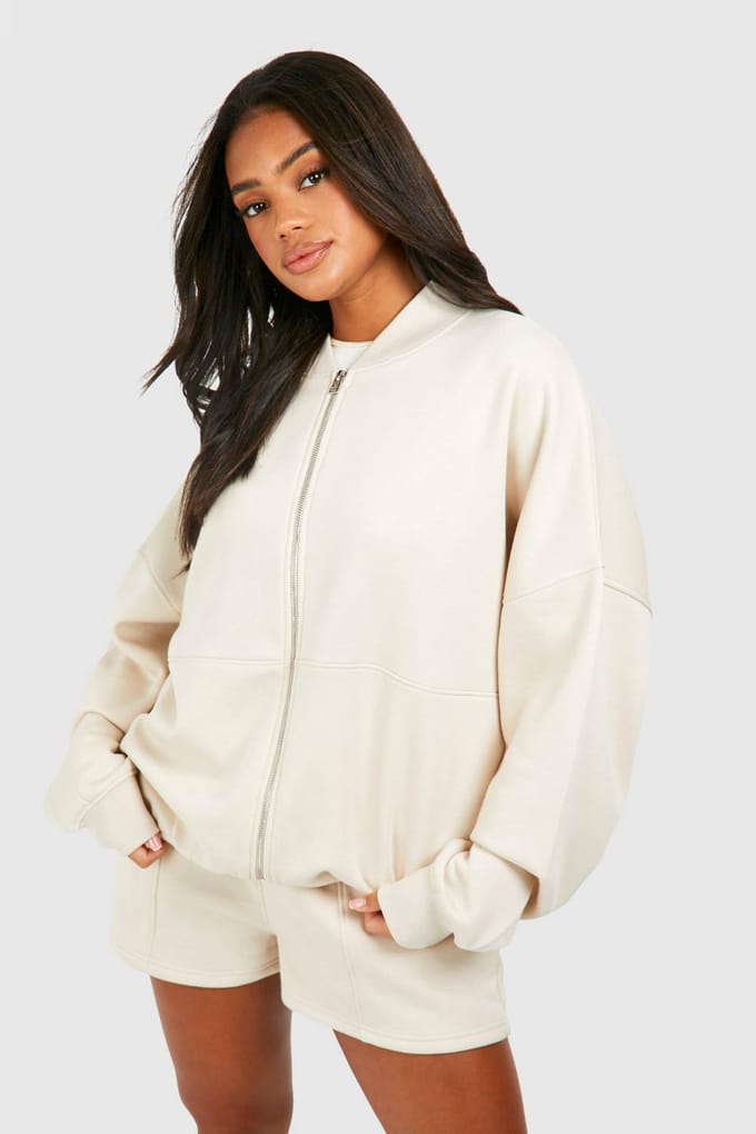 boohoo Dames Bomber Zip Door Korte Trainingspak | Steen | Maat: XS