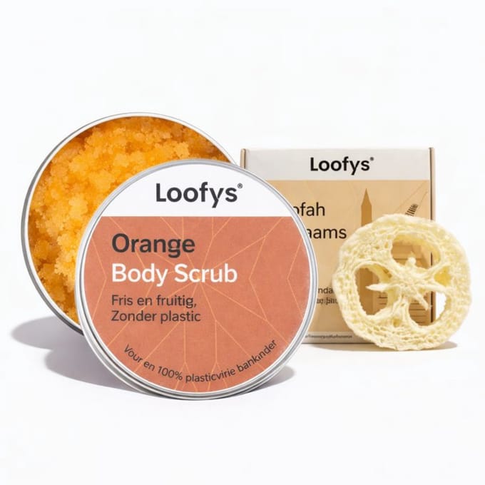 Verwen & Relax Cadeauset – Bodyscrub 150ml + Loofah Scrubspons - Orange