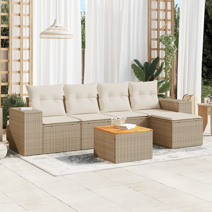 vidaXL - 6-delige - Loungeset - met - kussens - poly - rattan - beige